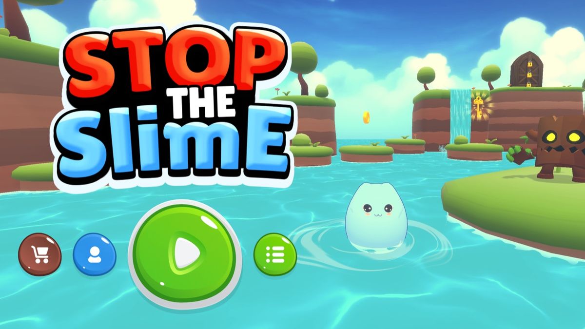 Stop the Slime title screen: a small blue slime in a turquoise lagoon